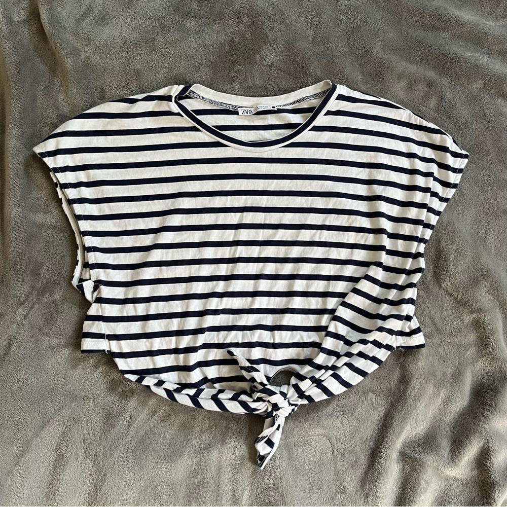 Zara Women's Knotted Short Sleeve Crop Top In Navy Stripe Size Medium